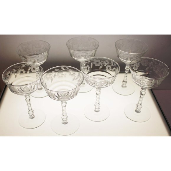 7 Rock Sharpe Halifax Tall Sherbet Champagne Glass Crystal Floral Etch Circa 40s - Picture 2 of 8